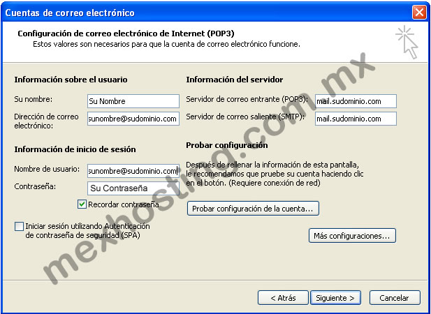 Configuración de correo electrónico de Internet (POP3)